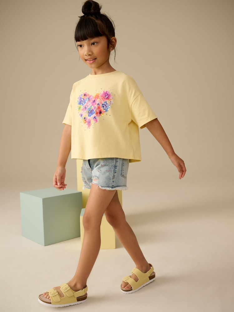 Yellow 100% Cotton Sequin Heart Print T-Shirt (3-16yrs) - Image 4 of 8