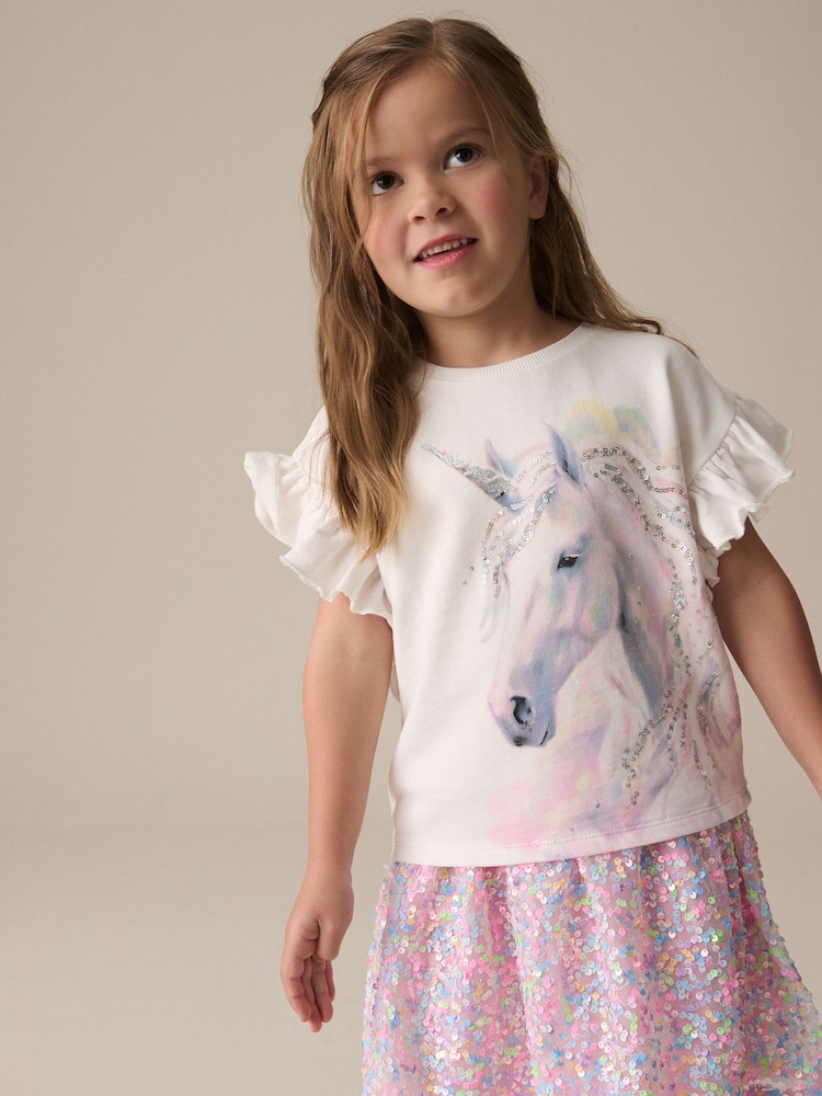 Ecru Sequin Unicorn Frill Sleeve T-Shirt (3-16yrs) - Image 1 of 8
