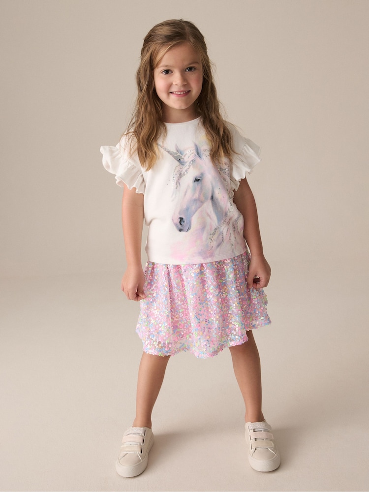 Ecru Sequin Unicorn Frill Sleeve T-Shirt (3-16yrs) - Image 2 of 8