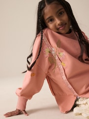 Rosarot - Übergroßes Sweatshirt aus 100 % Baumwolle mit besticktem Blumenmuster und unversäuberten Kanten (3–16 J.) - Bild 1 von 8