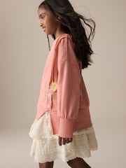 Rosarot - Übergroßes Sweatshirt aus 100 % Baumwolle mit besticktem Blumenmuster und unversäuberten Kanten (3–16 J.) - Bild 4 von 8