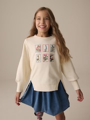 Pink Oversized Embroidered Floral Print 100% Cotton Sweatshirt with Raw Edge Detail (3-16yrs) - Image 1 of 5