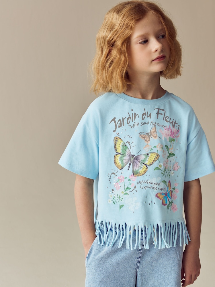 Azul - Camiseta con diseño de flecos y mariposa con lentejuelas (3-16 años) - Imagen 1 de 7 Azul - Camiseta con diseño de flecos y mariposa con lentejuelas (3-16 años) - Imagen 1 de 7
