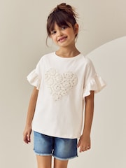 Ecru Sequin Crochet Heart Frill Sleeve T-Shirt (3-16yrs) - Image 1 of 9