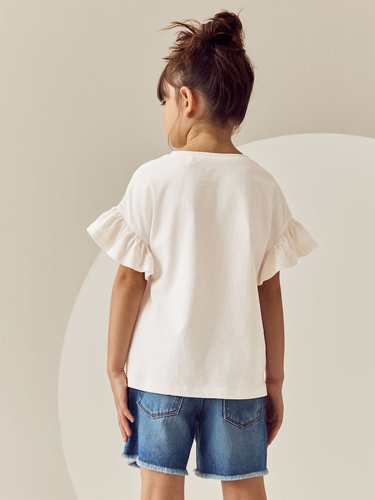 Ecru Sequin Crochet Heart Frill Sleeve T-Shirt (3-16yrs) - Image 2 of 9