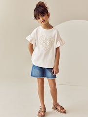 Ecru Sequin Crochet Heart Frill Sleeve T-Shirt (3-16yrs) - Image 3 of 9