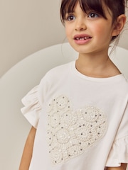 Ecru Sequin Crochet Heart Frill Sleeve T-Shirt (3-16yrs) - Image 4 of 9