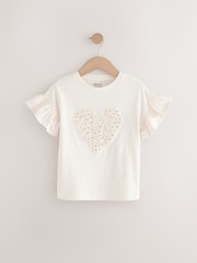 Ecru Sequin Crochet Heart Frill Sleeve T-Shirt (3-16yrs) - Image 5 of 9