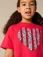 Red 100% Cotton Sequin Heart Print T-Shirt (3-16yrs) - Image 1 of 8