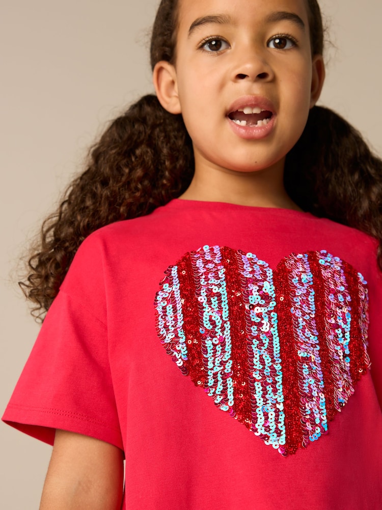 Red 100% Cotton Sequin Heart Print T-Shirt (3-16yrs) - Image 1 of 8