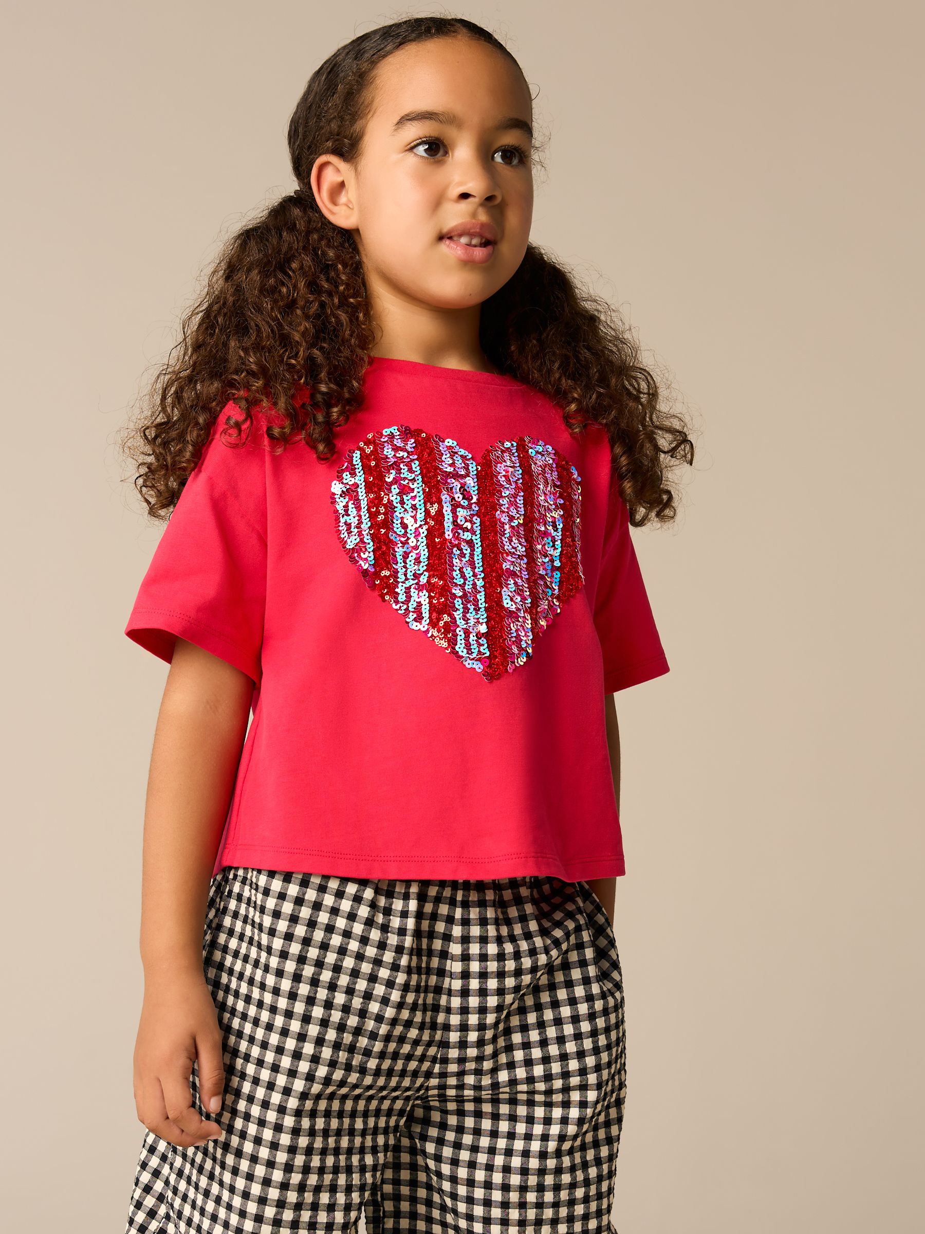 Buy Red 100% Cotton Sequin Heart Print T-Shirt (3-16yrs