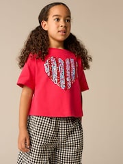 Red 100% Cotton Sequin Heart Print T-Shirt (3-16yrs) - Image 4 of 8