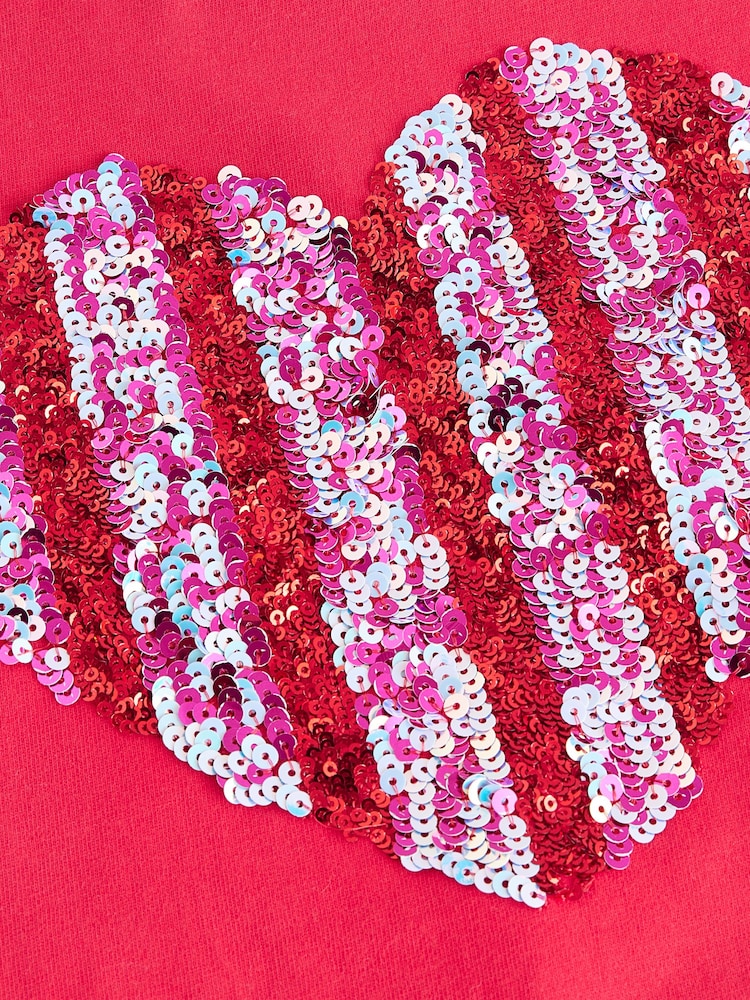 Red 100% Cotton Sequin Heart Print T-Shirt (3-16yrs) - Image 8 of 8