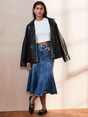 Mid Blue 100% Cotton Denim Fishtail Midi Skirt - Image 1 of 7