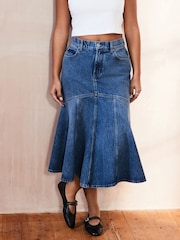 Mid Blue 100% Cotton Denim Fishtail Midi Skirt - Image 3 of 7