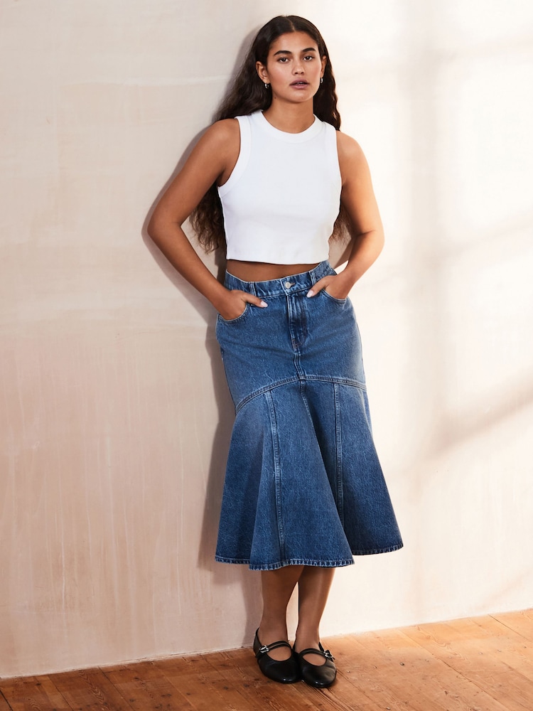 Mid Blue 100% Cotton Denim Fishtail Midi Skirt - Image 4 of 7