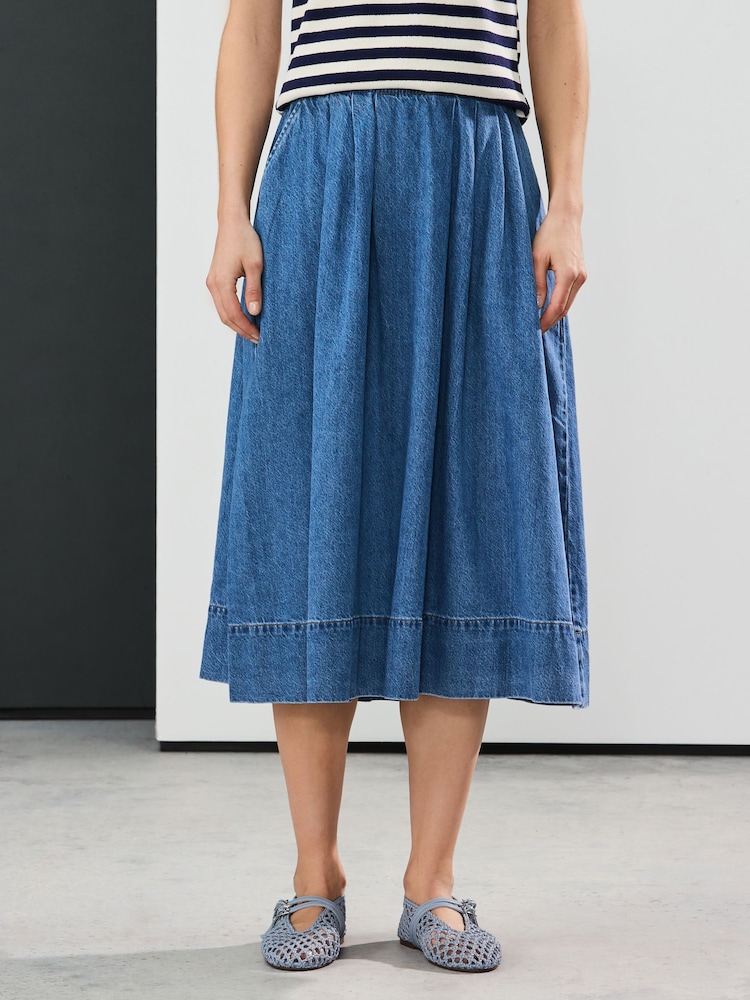 Mid Blue Denim Full A-line Denim 100% Cotton Midi Skirt - Image 3 of 5