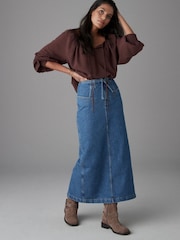 Mid Blue 100% Cotton Belted Pocket Stitch Midi Skirt - Image 1 of 8