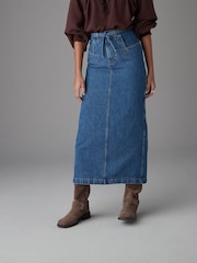 Mid Blue 100% Cotton Belted Pocket Stitch Midi Skirt - Image 2 of 8