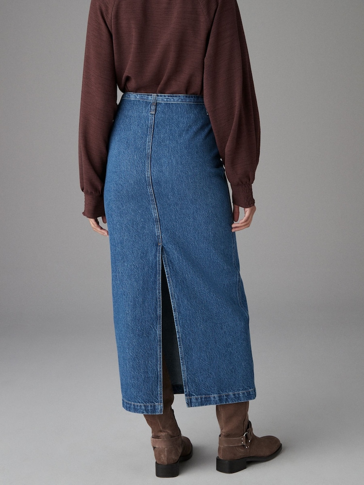 Normaal blauw - 100% Cotton Belted Pocket Stitch Midi Skirt - Image 3 of 8
