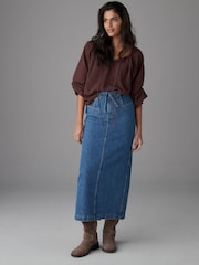 Mid Blue 100% Cotton Belted Pocket Stitch Midi Skirt - Image 4 of 8