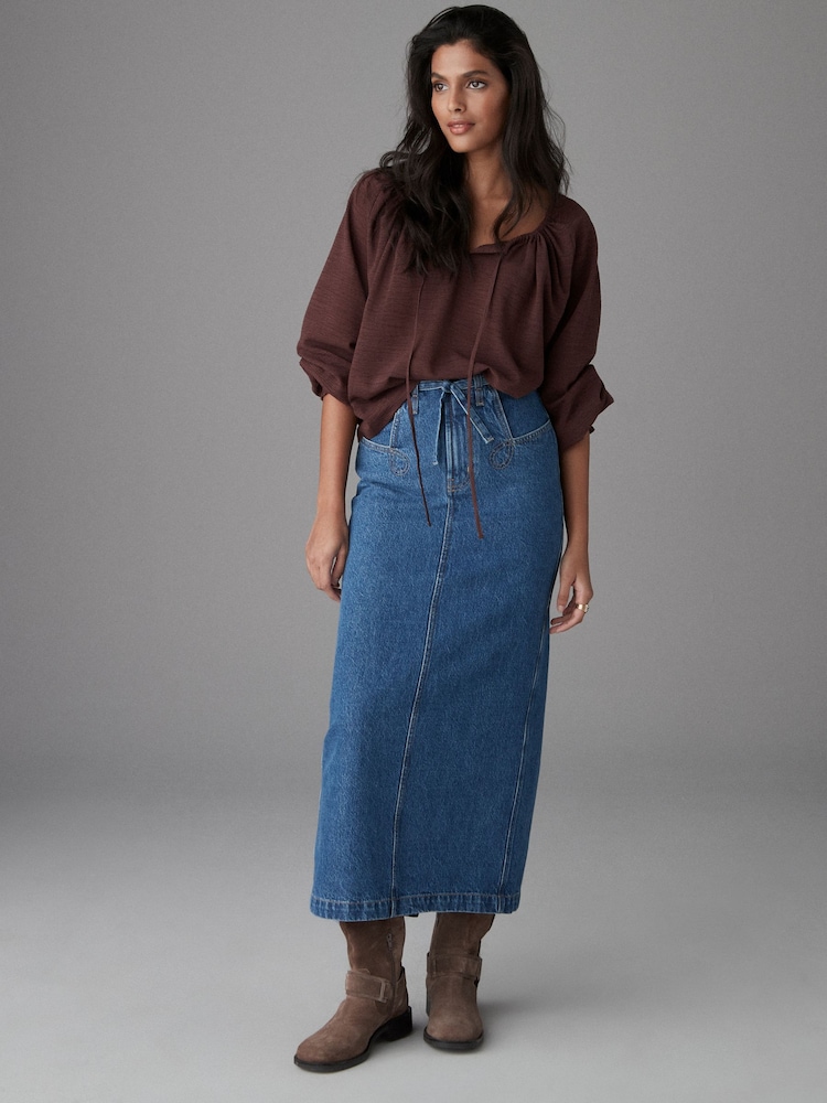 Normaal blauw - 100% Cotton Belted Pocket Stitch Midi Skirt - Image 4 of 8