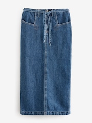 Mid Blue 100% Cotton Belted Pocket Stitch Midi Skirt - Image 6 of 8