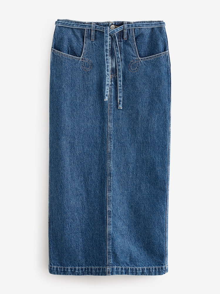 Normaal blauw - 100% Cotton Belted Pocket Stitch Midi Skirt - Image 6 of 8