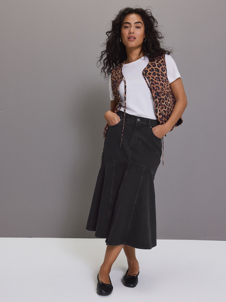 Black 100% Cotton Denim Fishtail Midi Skirt - Image 1 of 4