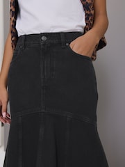 Black 100% Cotton Denim Fishtail Midi Skirt - Image 2 of 4