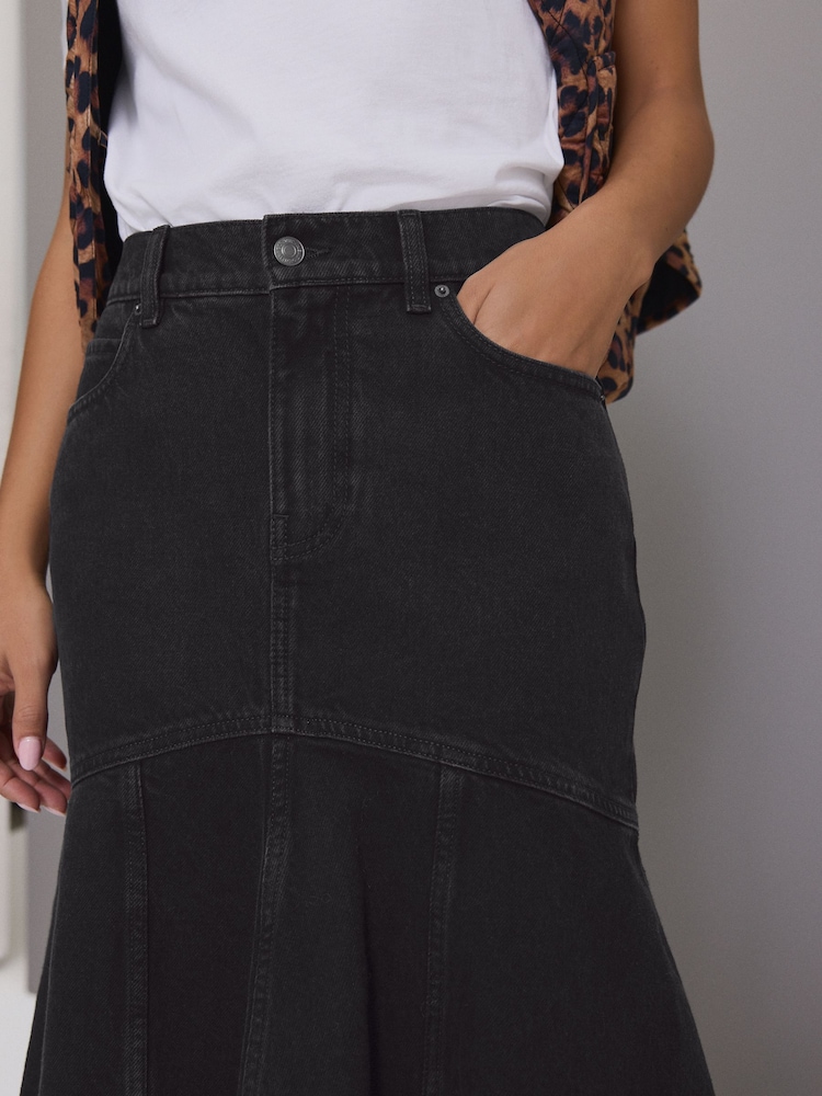 Black 100% Cotton Denim Fishtail Midi Skirt - Image 2 of 4