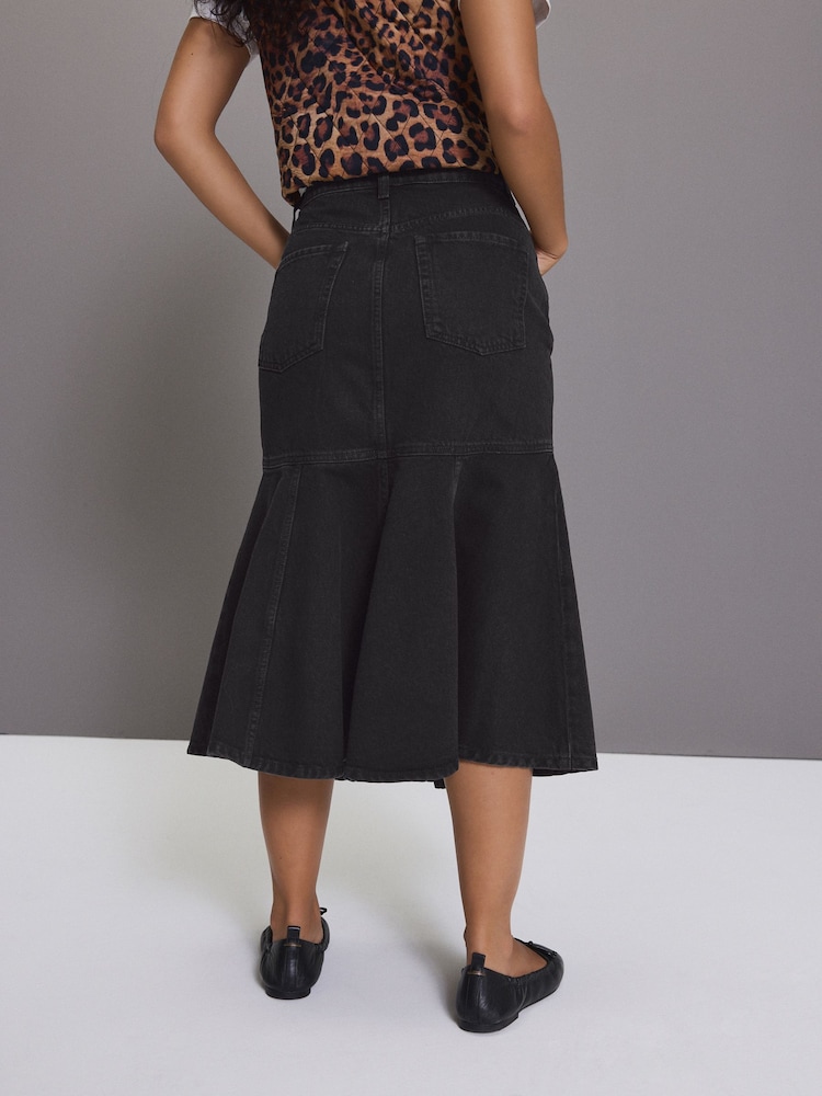 Black 100% Cotton Denim Fishtail Midi Skirt - Image 3 of 4