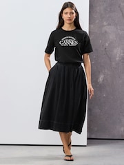 Black Full A-line Denim 100% Cotton Midi Skirt - Image 1 of 4
