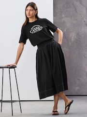 Black Full A-line Denim 100% Cotton Midi Skirt - Image 2 of 4