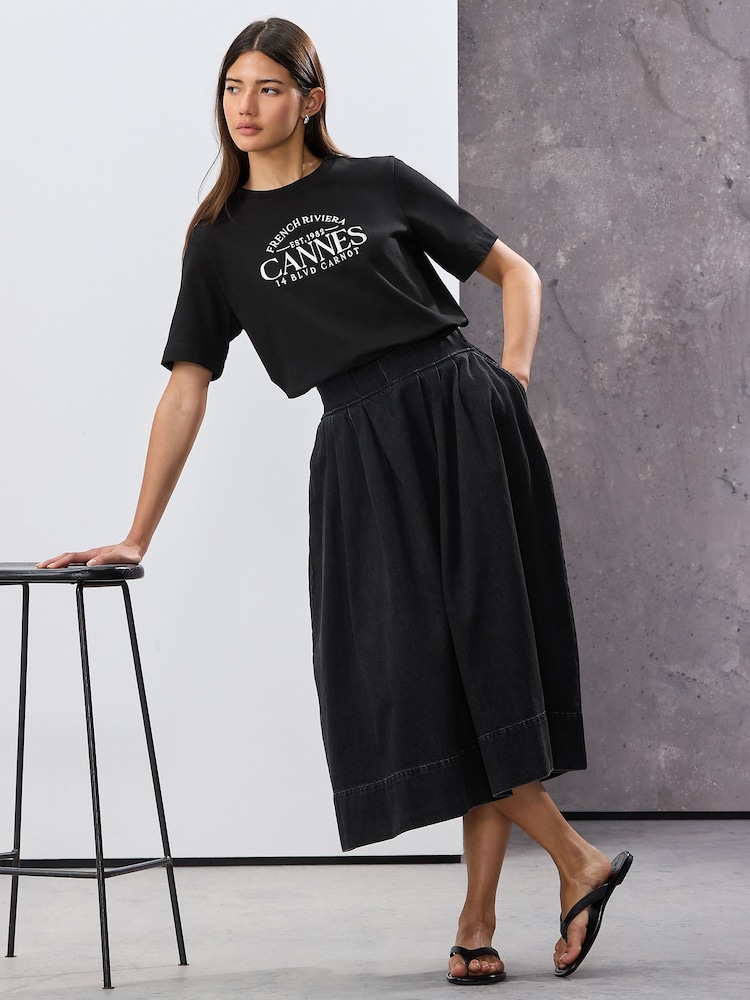 Black Full A-line Denim 100% Cotton Midi Skirt - Image 2 of 4