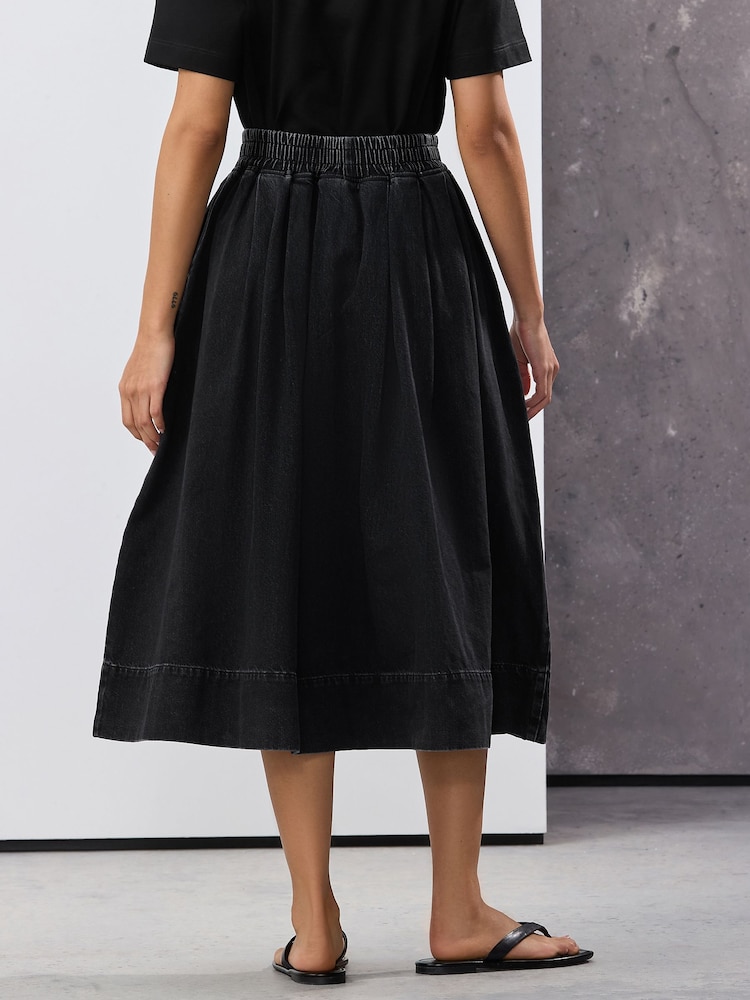 Black Full A-line Denim 100% Cotton Midi Skirt - Image 3 of 4