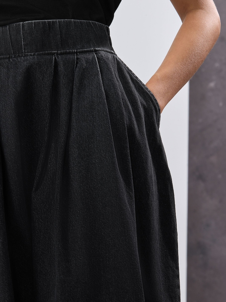 Black Full A-line Denim 100% Cotton Midi Skirt - Image 4 of 4