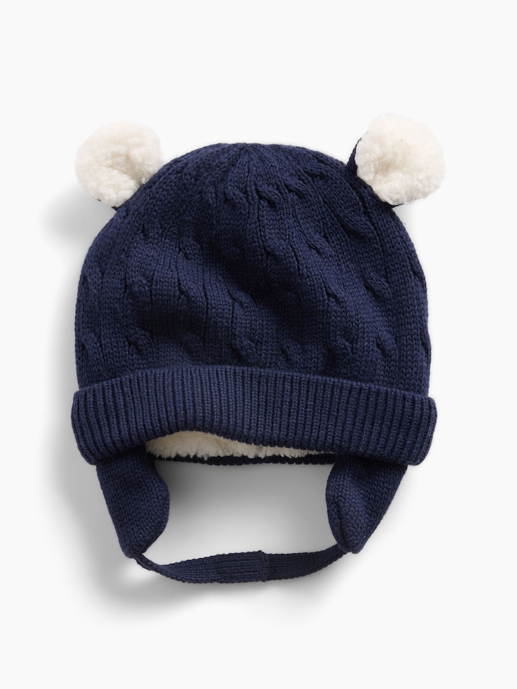 Gap Navy Sherpa-Lined Cable-Knit Bear Beanie - Image 1 of 2 Gap Navy Sherpa-Lined Cable-Knit Bear Beanie - Image 1 of 2