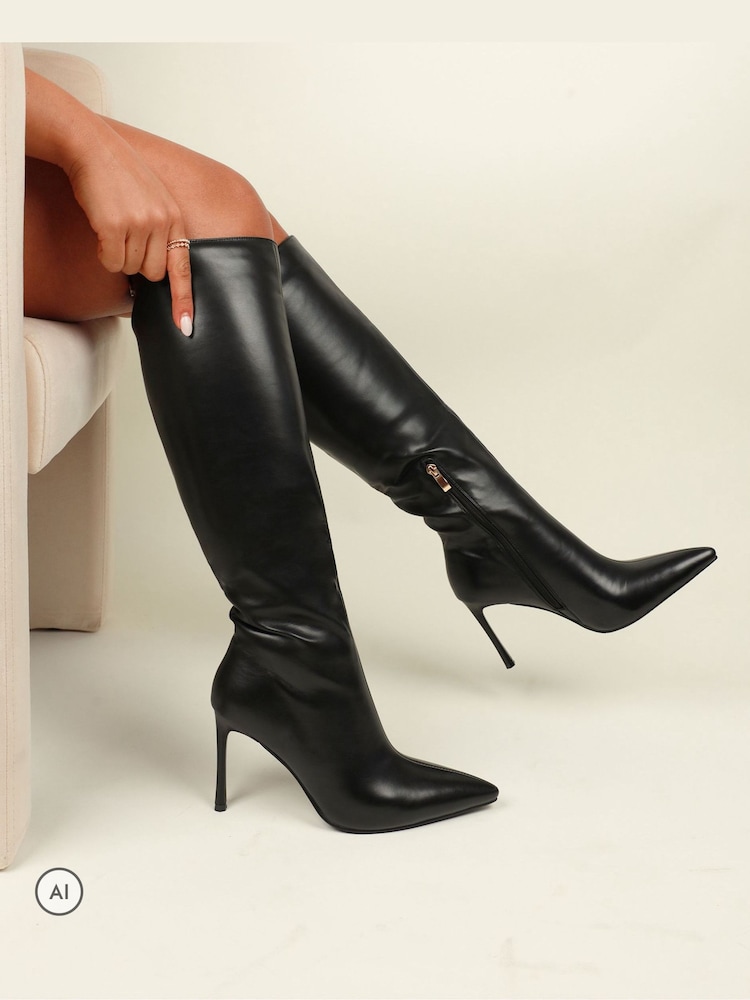 Simmi London Black Leon Knee High Stretch Heeled Boots - Image 1 of 4 Simmi London Black Leon Knee High Stretch Heeled Boots - Image 1 of 4