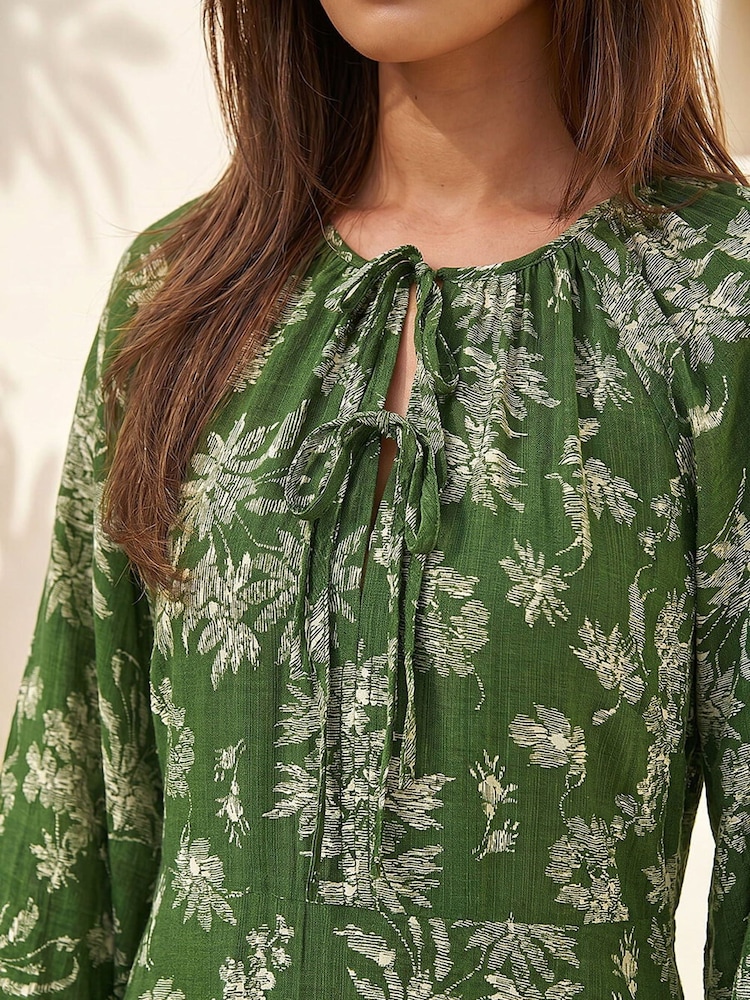Roman Green Floral Keyhole Tie Midi Dress - Image 4 of 4 Roman Green Floral Keyhole Tie Midi Dress - Image 4 of 4