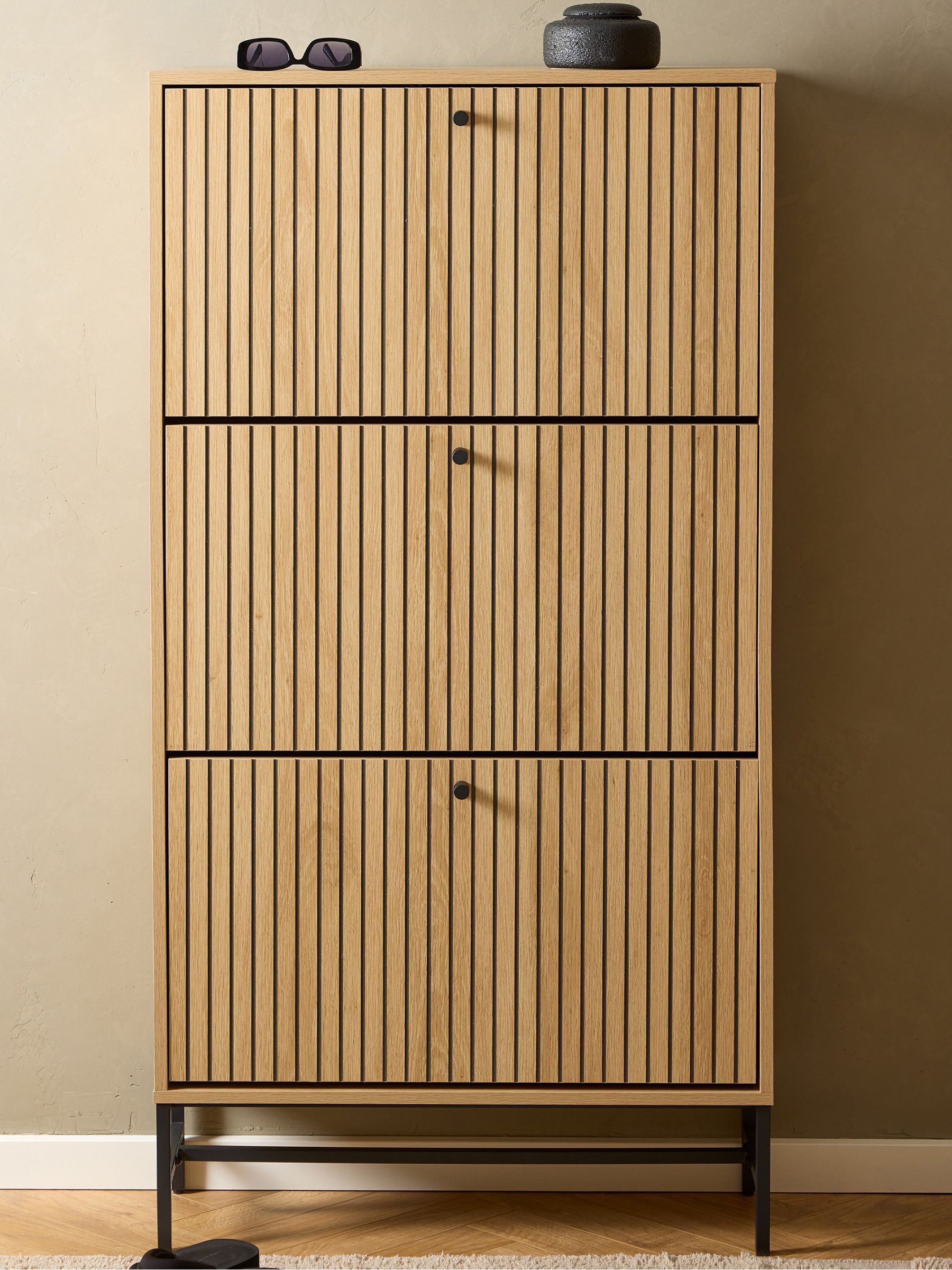 Furniture To Go Florence Albany 3 Flip Down Door Oak Shoe Cabinet With Black Legs - Image 5