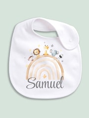 Little Years Personalised 100% Cotton Rainbow and Animal Print White Bib - Image 1 of 4