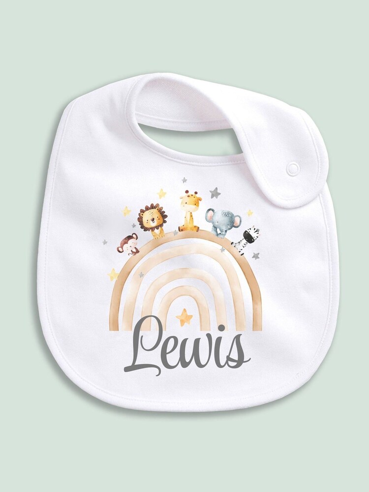 Little Years Personalised 100% Cotton Rainbow and Animal Print White Bib - Image 2 of 4