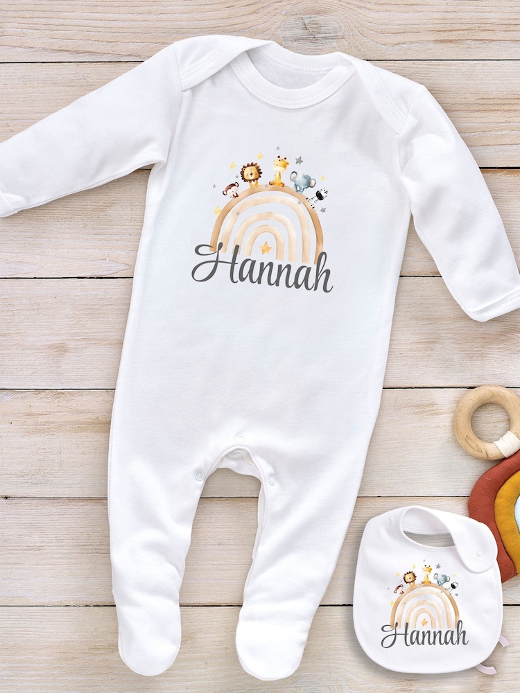 Little Years Personalised 100% Cotton Rainbow and Animal Print White Bib - Image 4 of 4