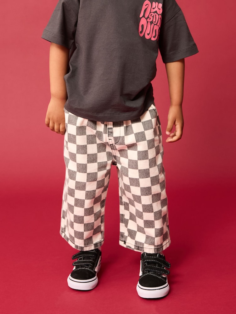 Black/White Checkerboard 100% Cotton Pull On Wide Trousers (3mths-7yrs) - Image 1 of 8