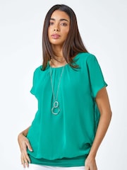 Roman Green Chiffon Jersey Blouson Top with Necklace - Image 1 of 5