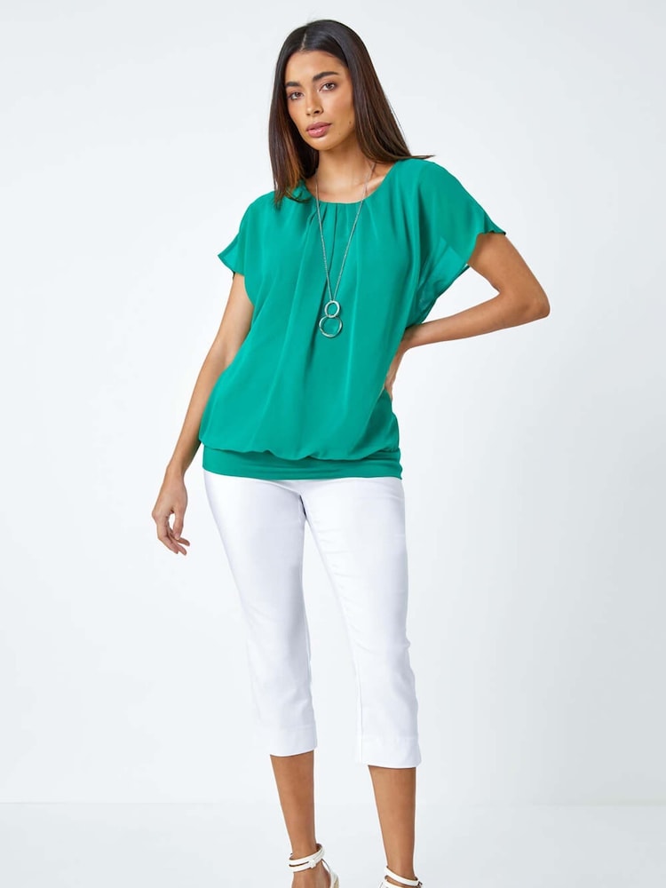 Roman Green Chiffon Jersey Blouson Top with Necklace - Image 2 of 5