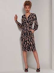 Jolie Moi Brown Gwen Print Long Sleeve Pegged Dress - Image 1 of 6