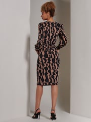 Jolie Moi Brown Gwen Print Long Sleeve Pegged Dress - Image 2 of 6