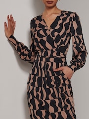 Jolie Moi Brown Gwen Print Long Sleeve Pegged Dress - Image 3 of 6